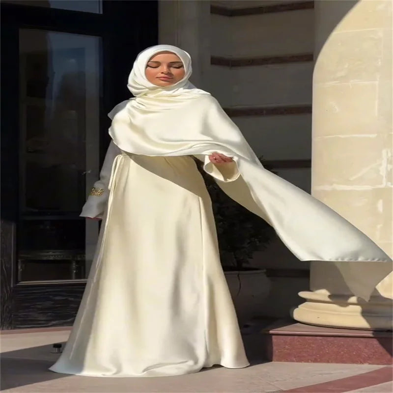 Elegant Satin Abaya Hijab Set Maxi Dress Belted Long Sleeve Formal Evening Gown