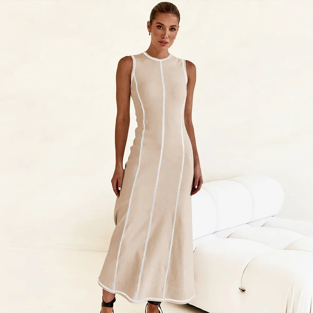 French Style Knitted Midaxi Dresses for Women Casual Solid Sleeveless