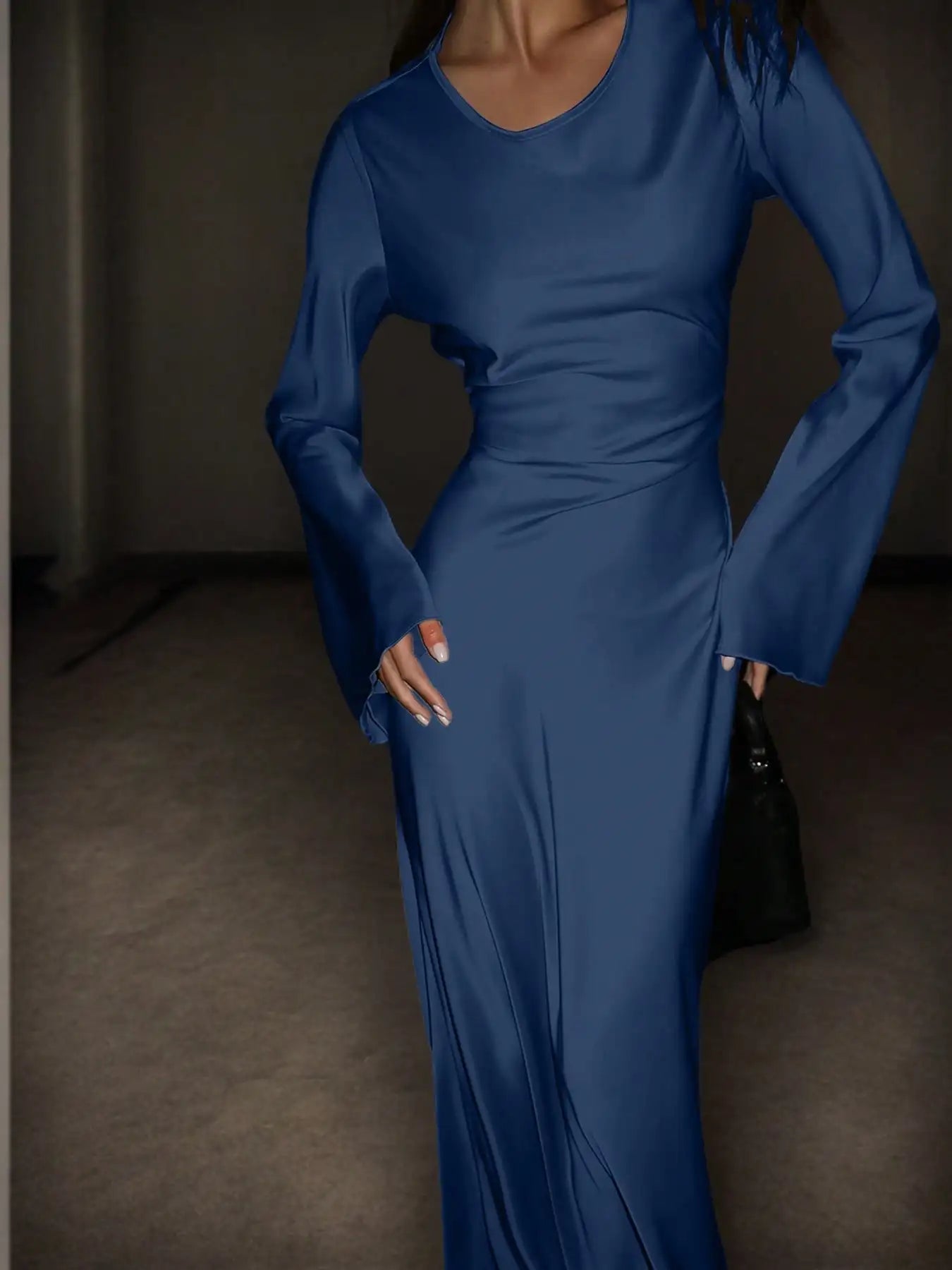 Satin Maxi Dress with Corset Waist Tie Classic Round Neck & Dramatic Flared Sleeves Luxury Evening Dress