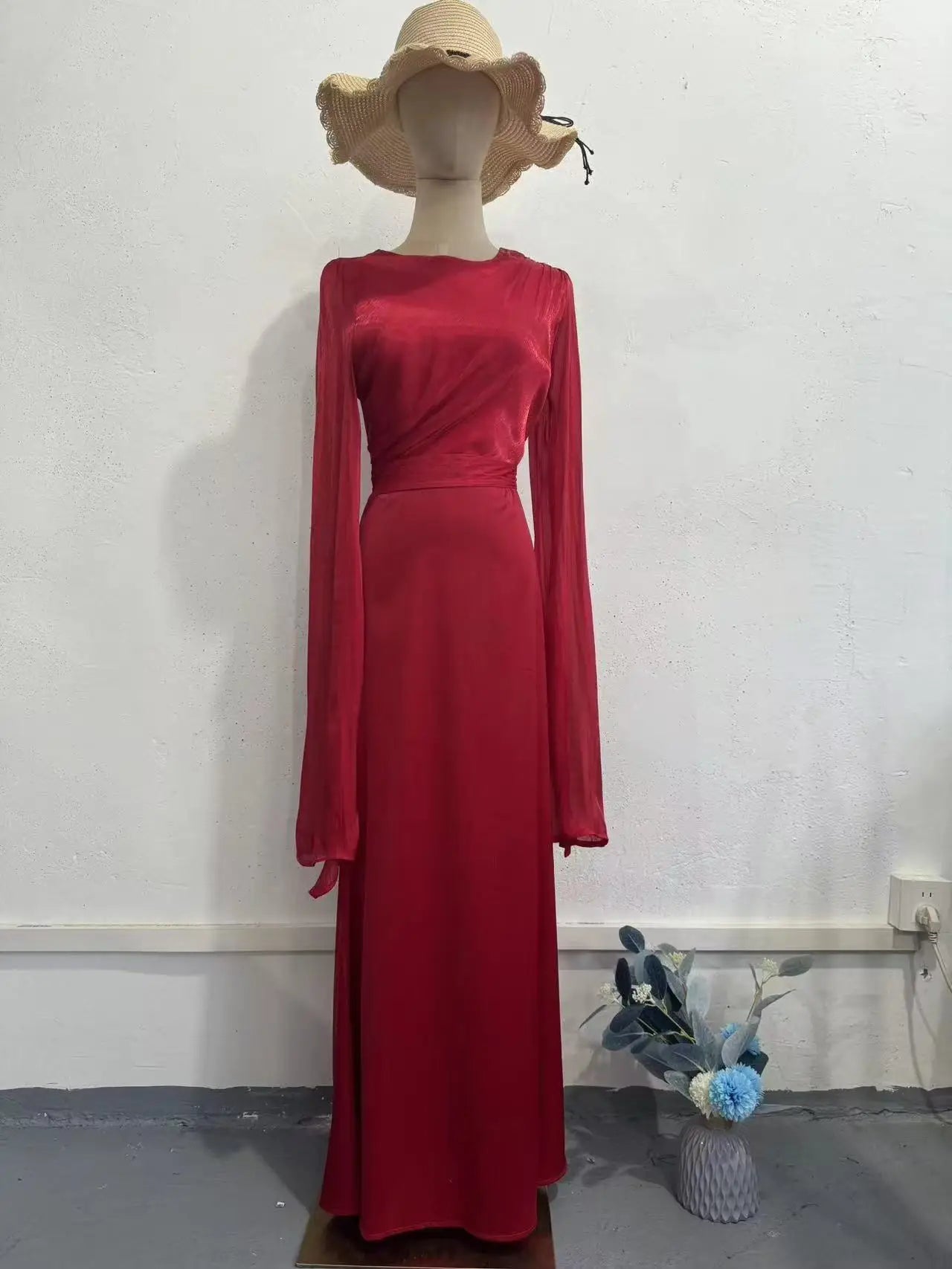 Splicing Silk Long Sleeve High Waist A-Line Dress