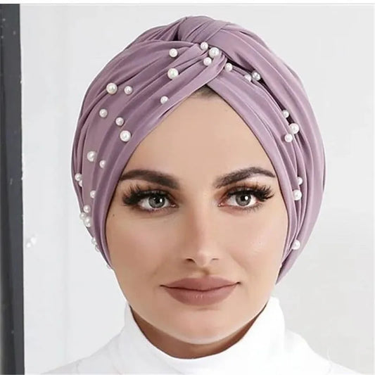 Elastic Velvet Pearls Turban Caps