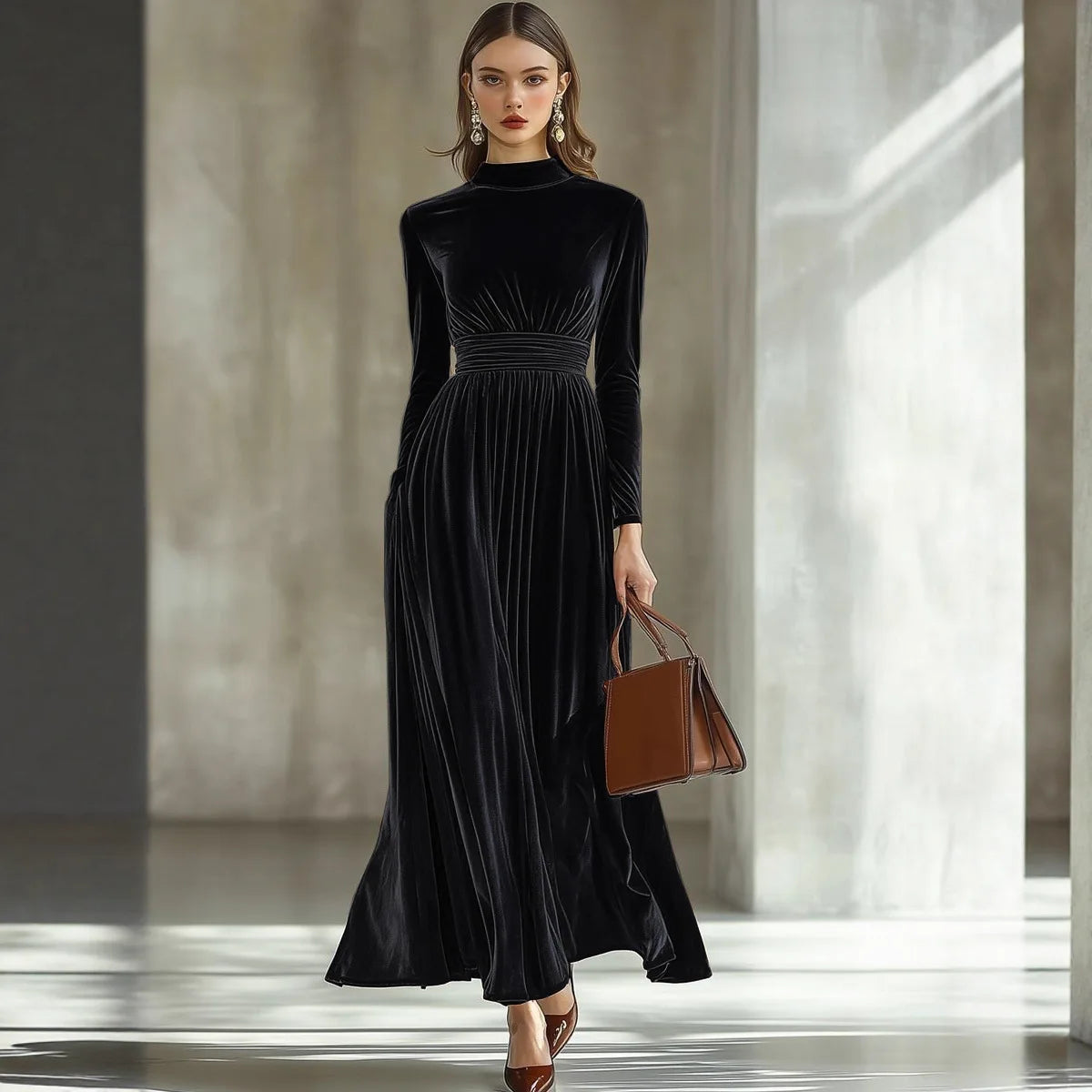 Velvet Long-Sleeved Dress Elastic Waist Slimming Elegant Flared Long Skirt Vintage Style