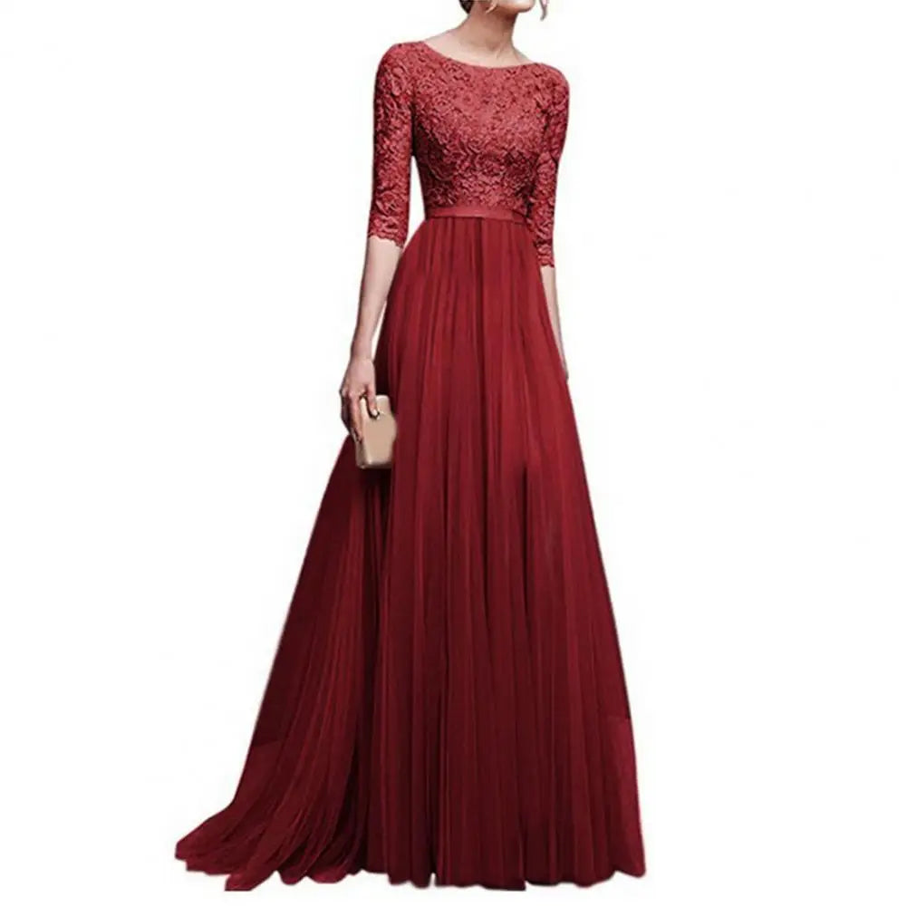 Lace Flower Embroidery Pleated Floor Length Women Chiffon Long Dress
