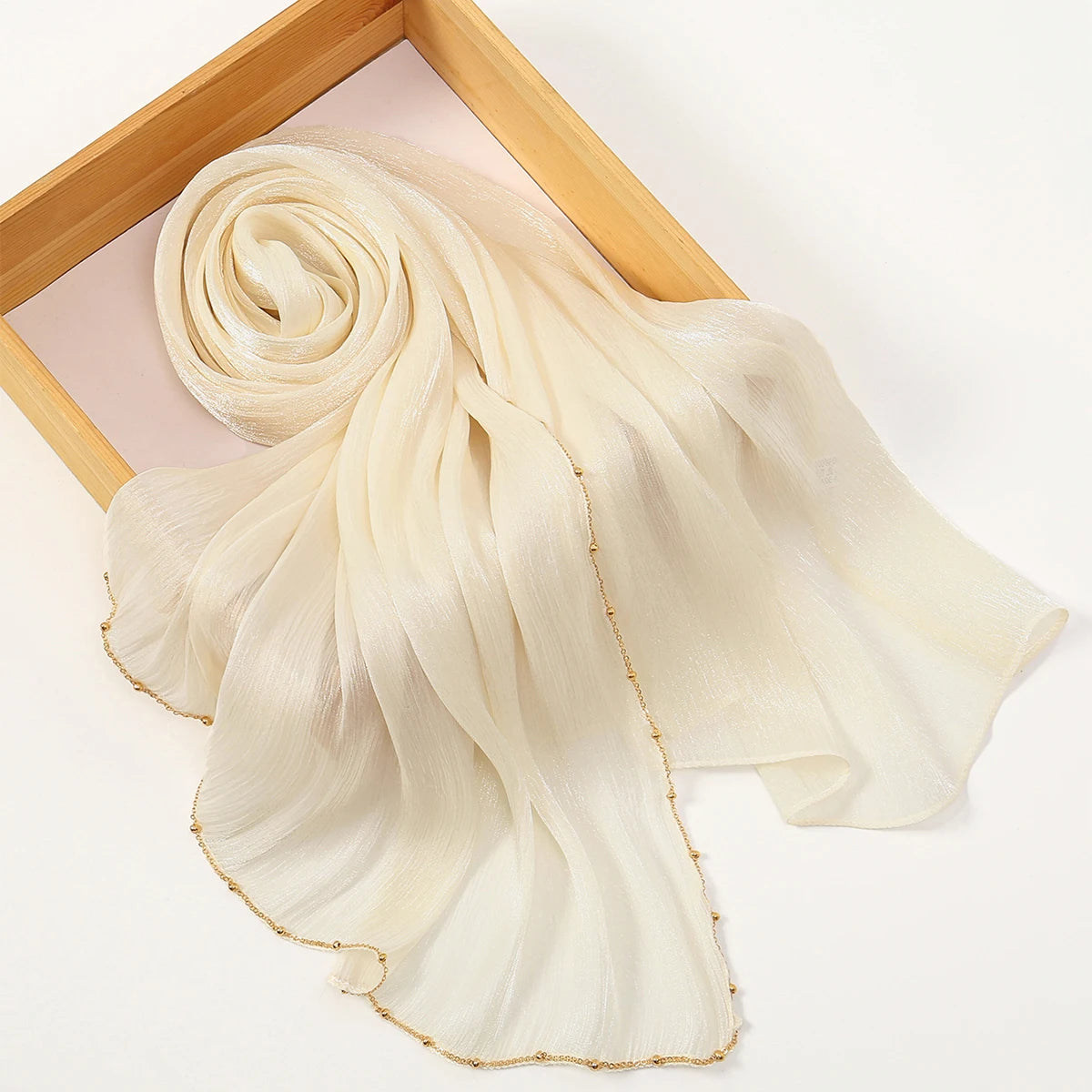 Beaded Silk Crinkle Shimmer Pleated Scarf