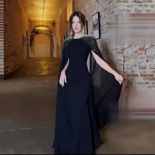 Evening Gown with Embellished Open Sleeves