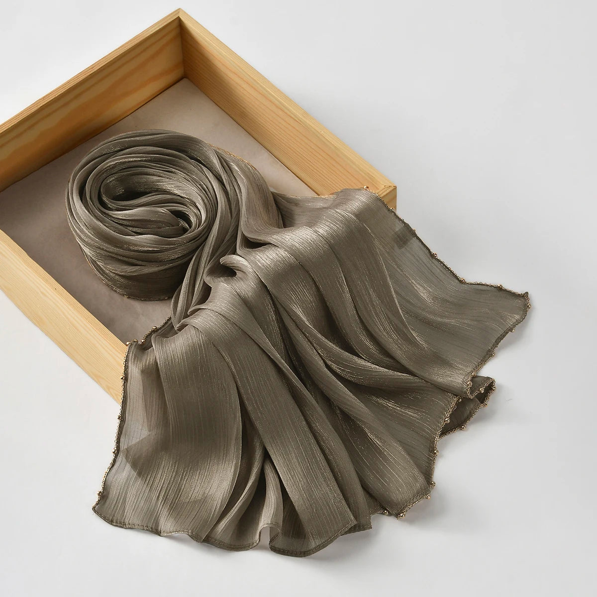 Beaded Silk Crinkle Shimmer Pleated Scarf