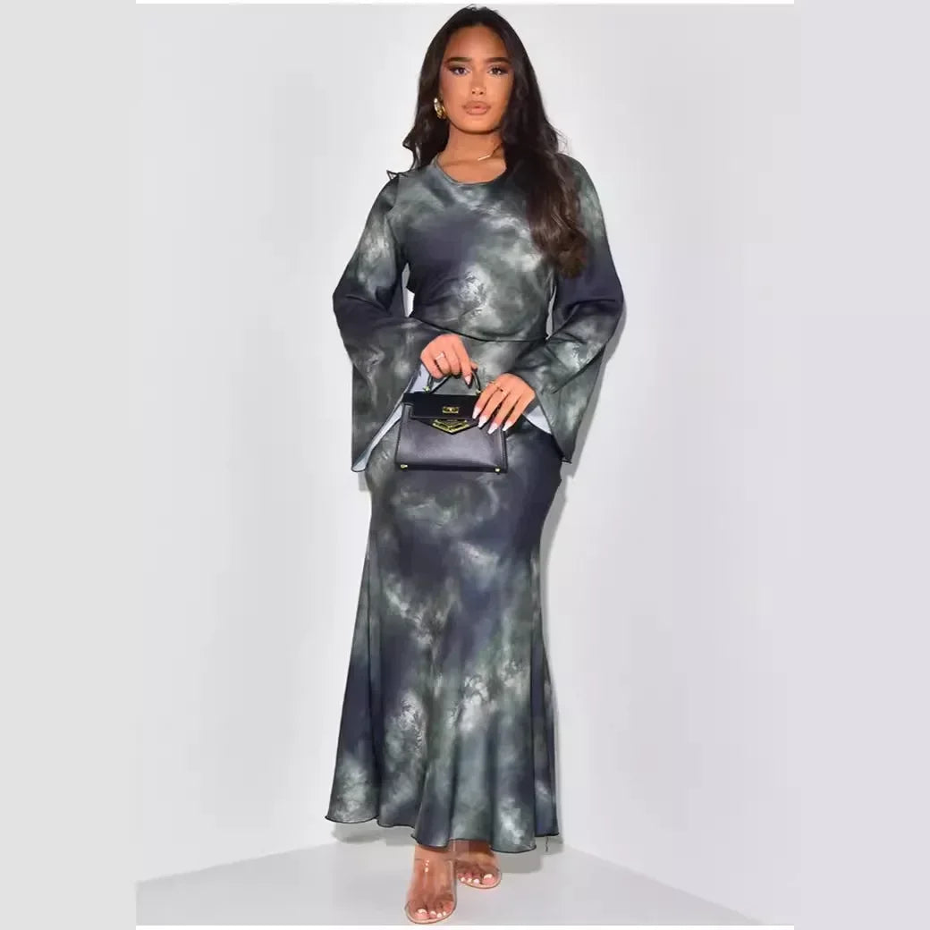 Print Long Sleeve Loose O-neck Bandage Satin Dress
