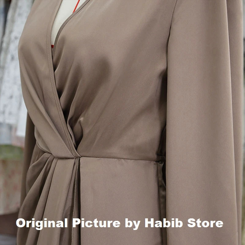 Satin Dress Solid Draped Dress Silk V-Neck Satin Long Sleeve