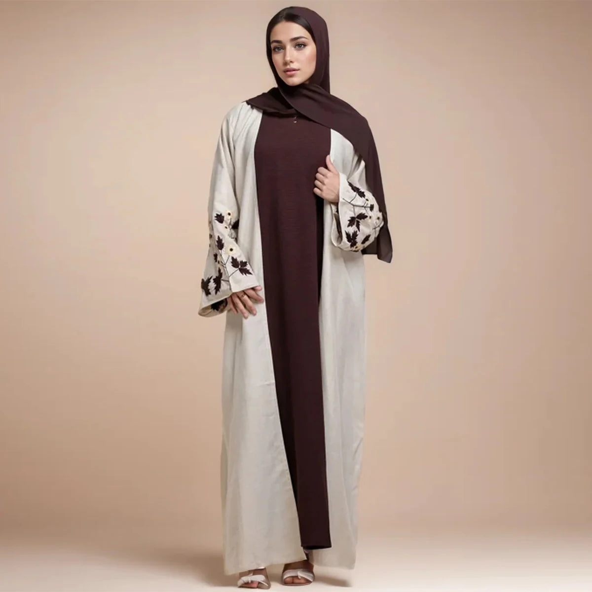 Apricot Abaya with Floral Embroidered Cuff