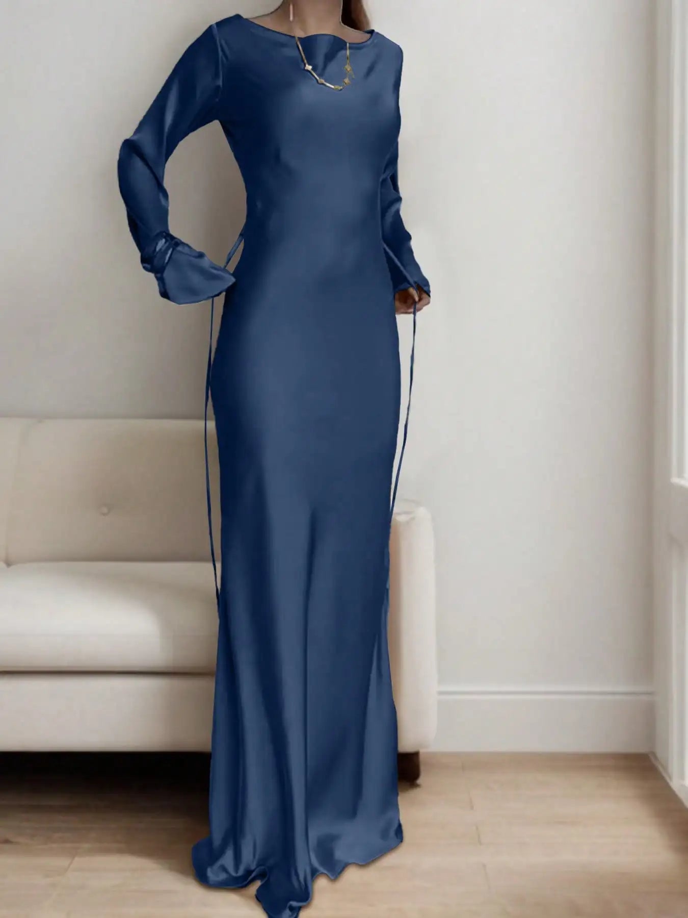 Satin Maxi Dress with Corset Waist Tie Classic Round Neck & Dramatic Flared Sleeves Luxury Evening Dress