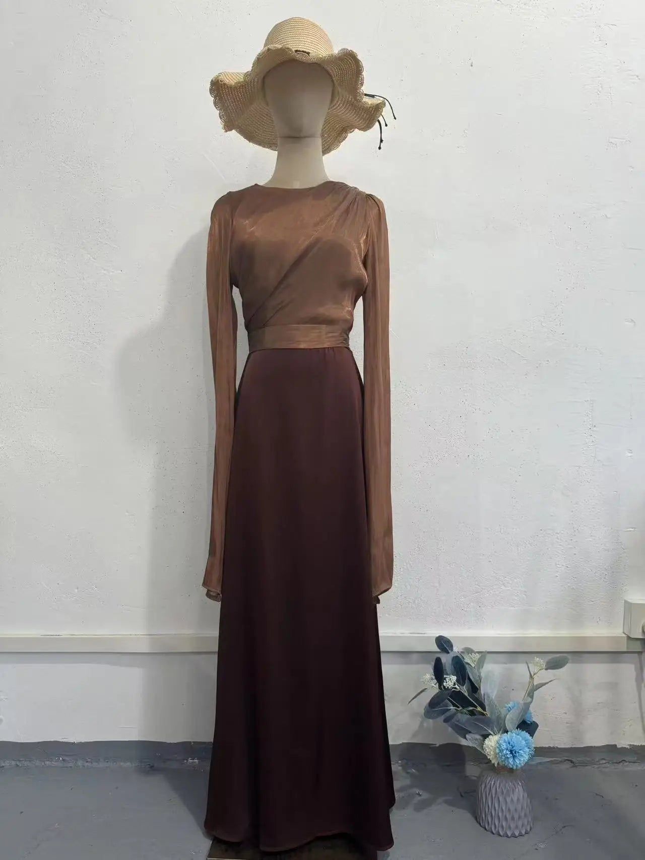 Splicing Silk Long Sleeve High Waist A-Line Dress