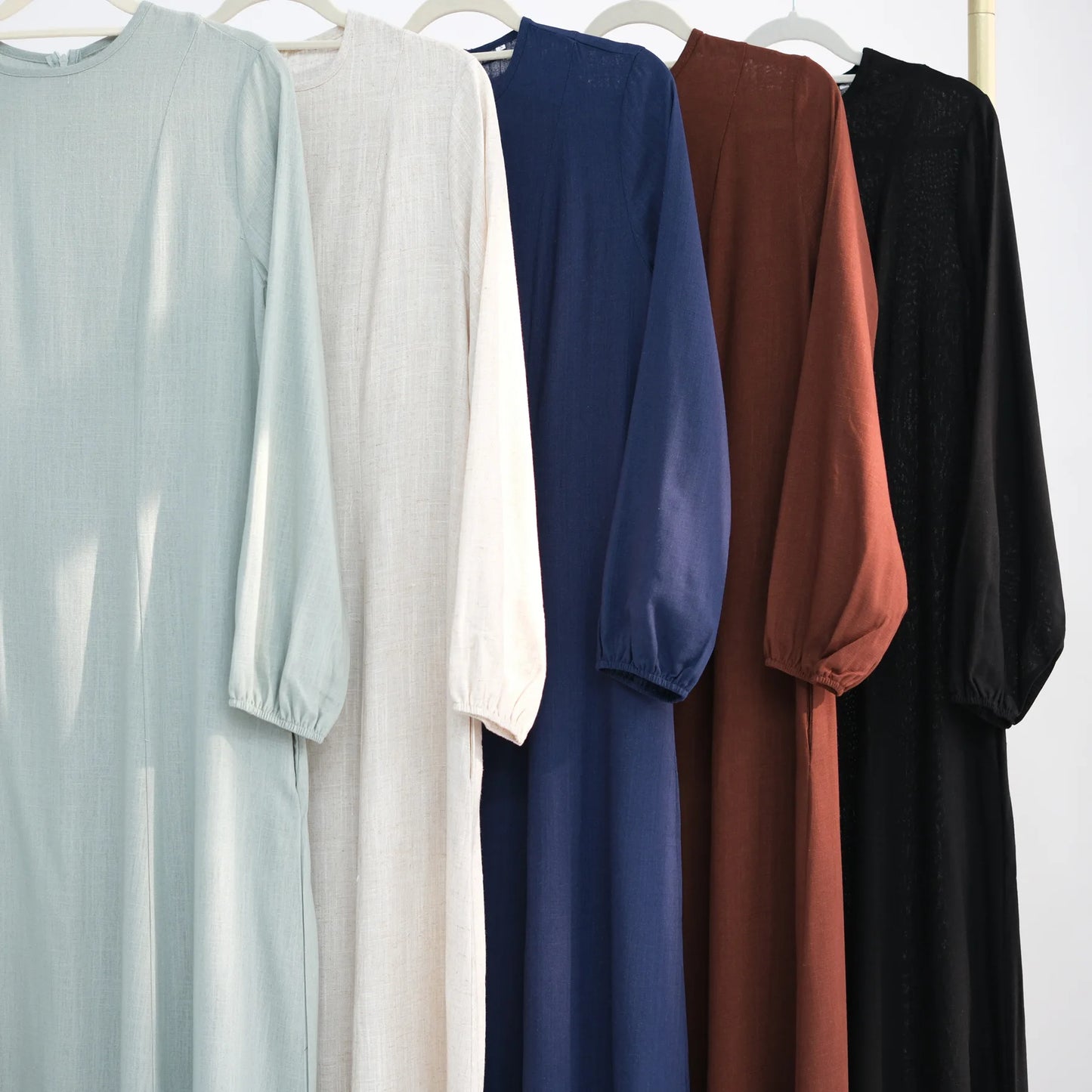 Women Cotton Linen Fabric Round Neck Fitted Waist Maxi Dress