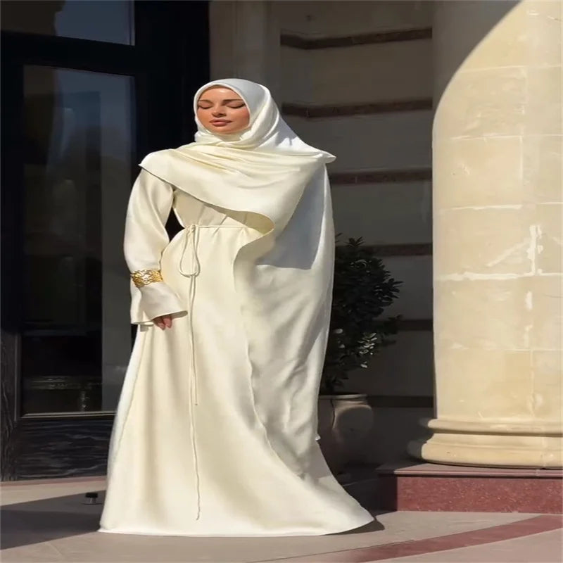 Elegant Satin Abaya Hijab Set Maxi Dress Belted Long Sleeve Formal Evening Gown