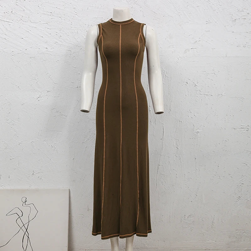 French Style Knitted Midaxi Dresses for Women Casual Solid Sleeveless