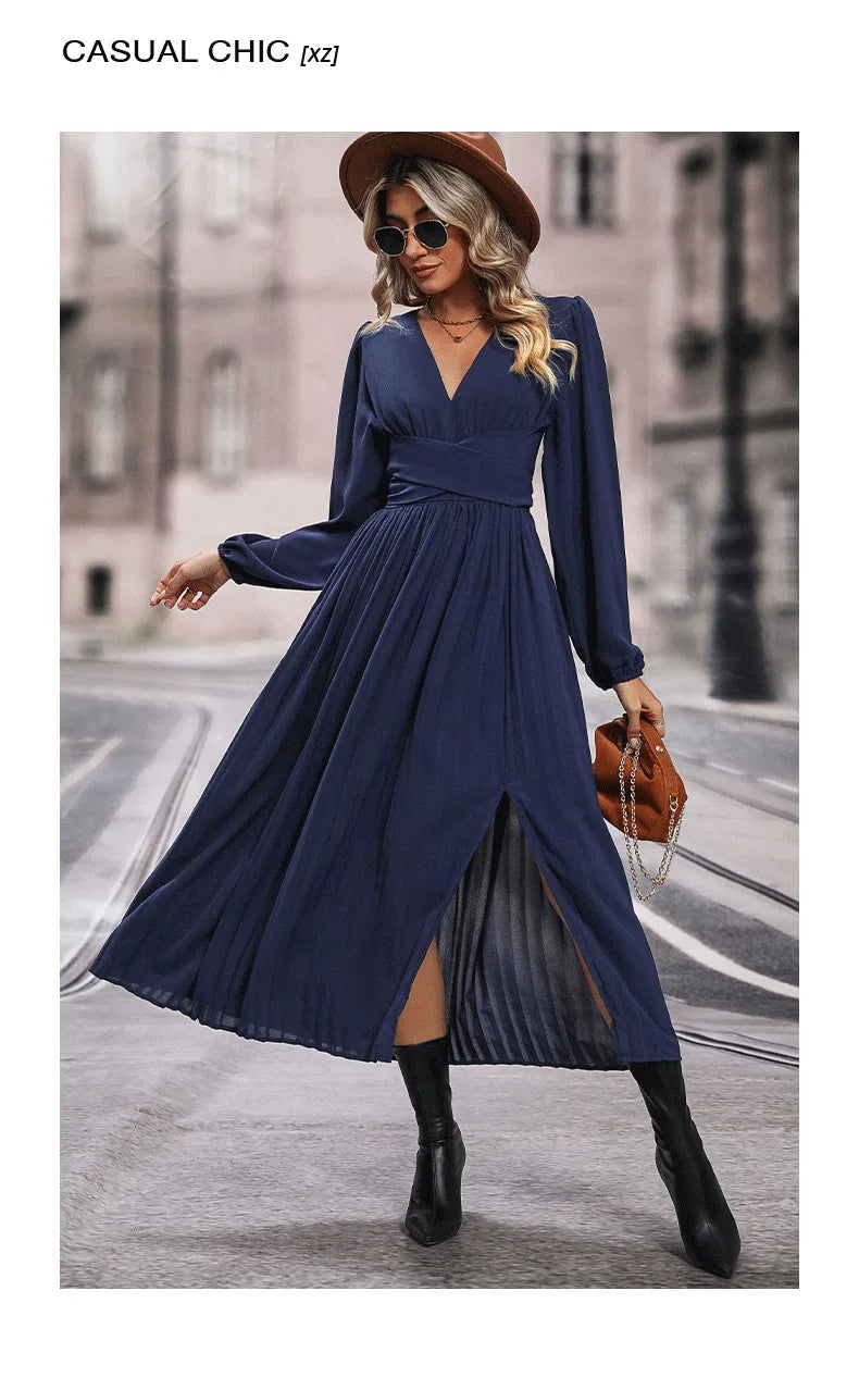 Solid Color V Neck Long Sleeve Midi Dress with Side Slit Waist Wrap
