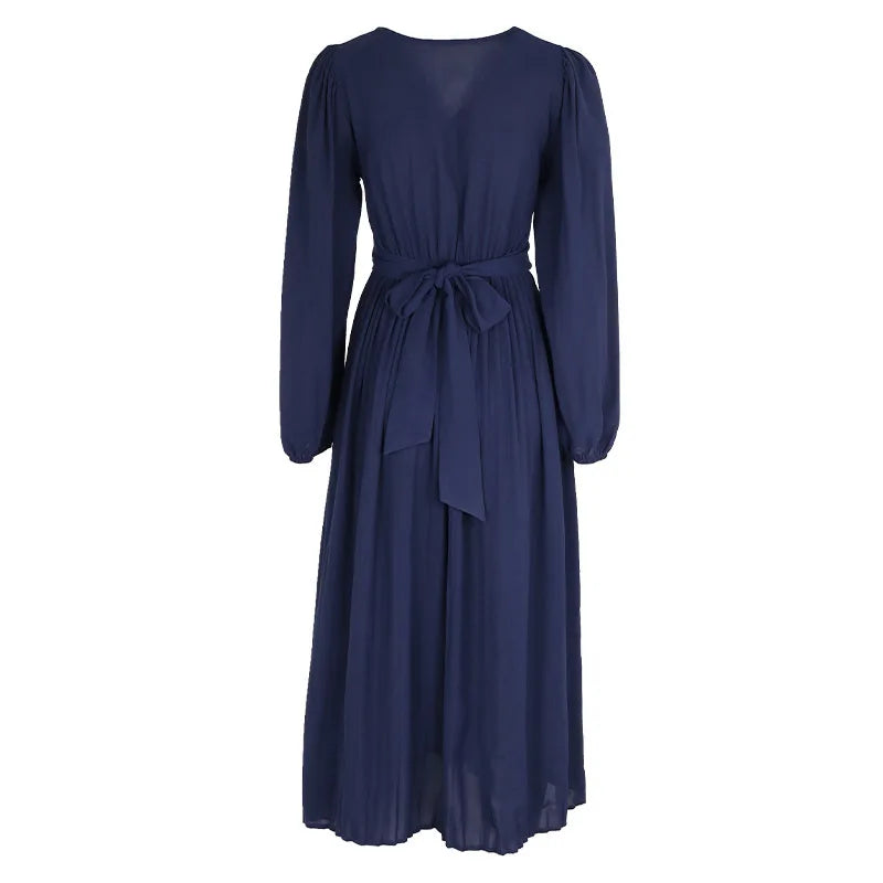 Solid Color V Neck Long Sleeve Midi Dress with Side Slit Waist Wrap