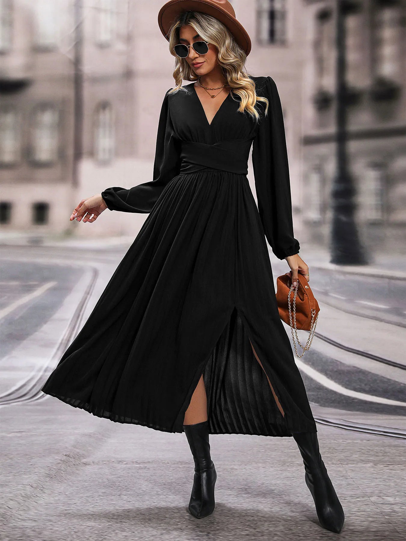 Solid Color V Neck Long Sleeve Midi Dress with Side Slit Waist Wrap