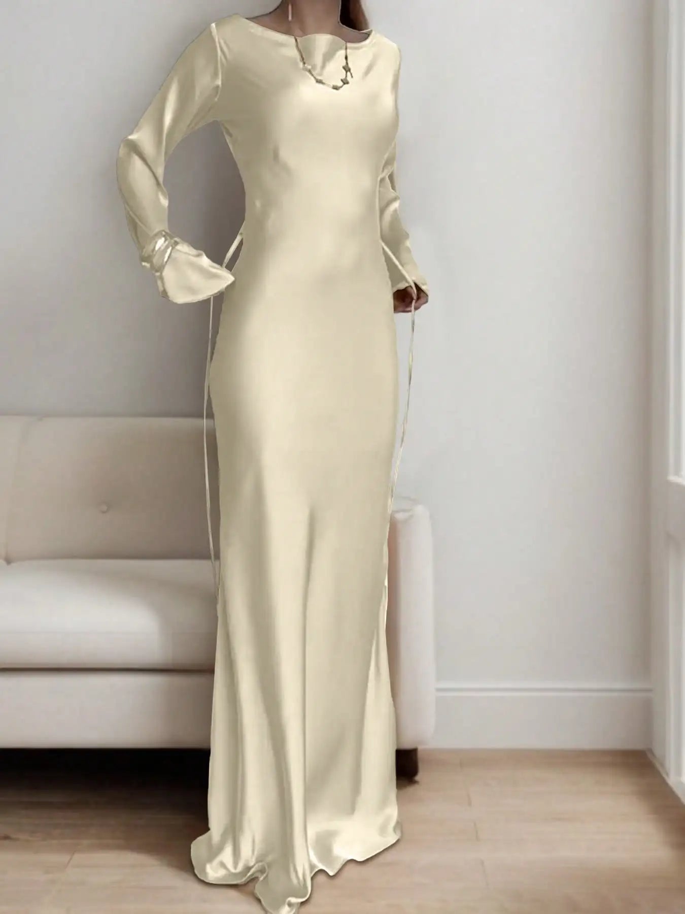 Satin Maxi Dress with Corset Waist Tie Classic Round Neck & Dramatic Flared Sleeves Luxury Evening Dress