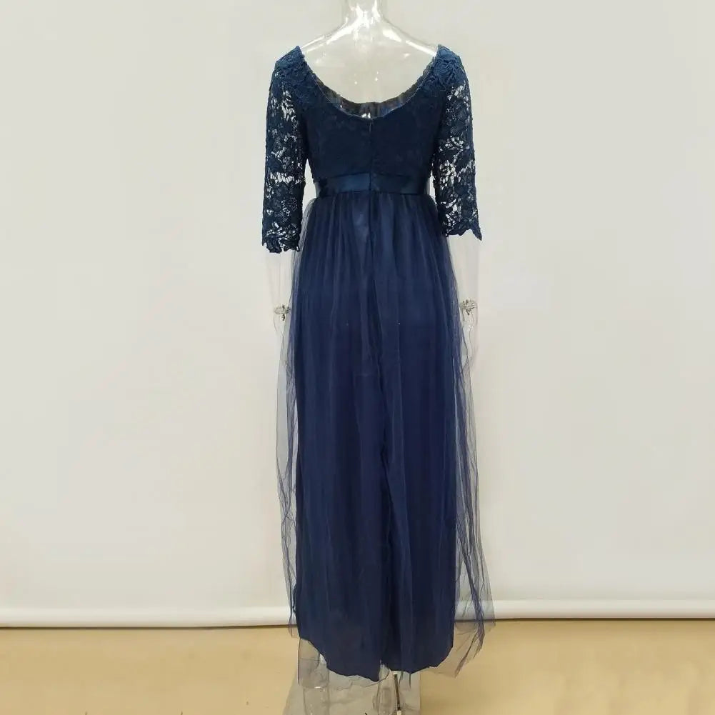 Lace Flower Embroidery Pleated Floor Length Women Chiffon Long Dress