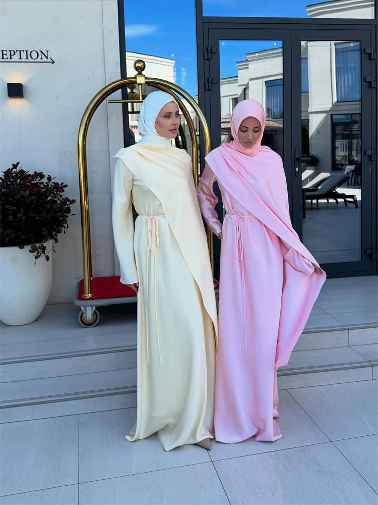 Elegant Satin Abaya Hijab Set Maxi Dress Belted Long Sleeve Formal Evening Gown