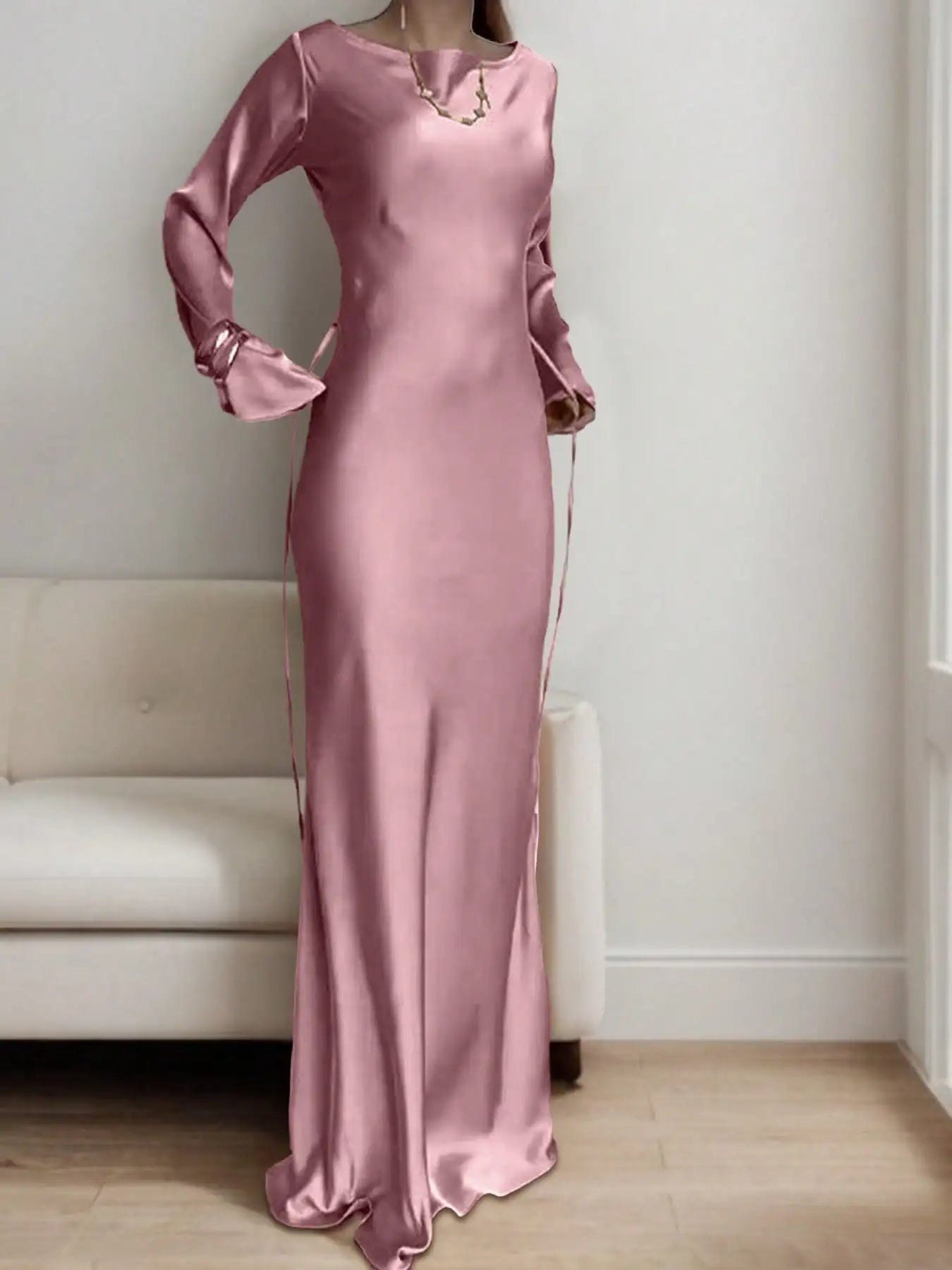 Satin Maxi Dress with Corset Waist Tie Classic Round Neck & Dramatic Flared Sleeves Luxury Evening Dress
