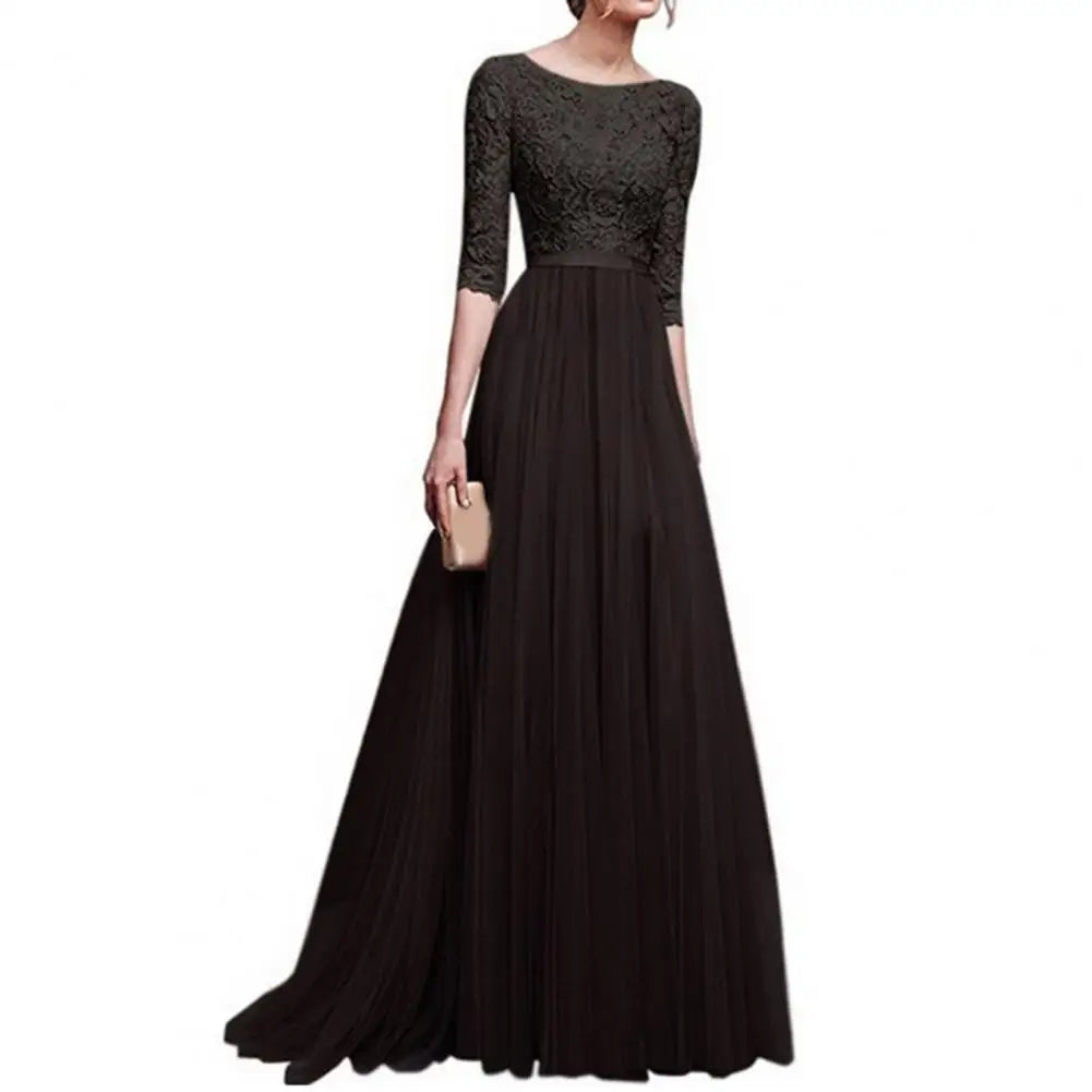 Lace Flower Embroidery Pleated Floor Length Women Chiffon Long Dress