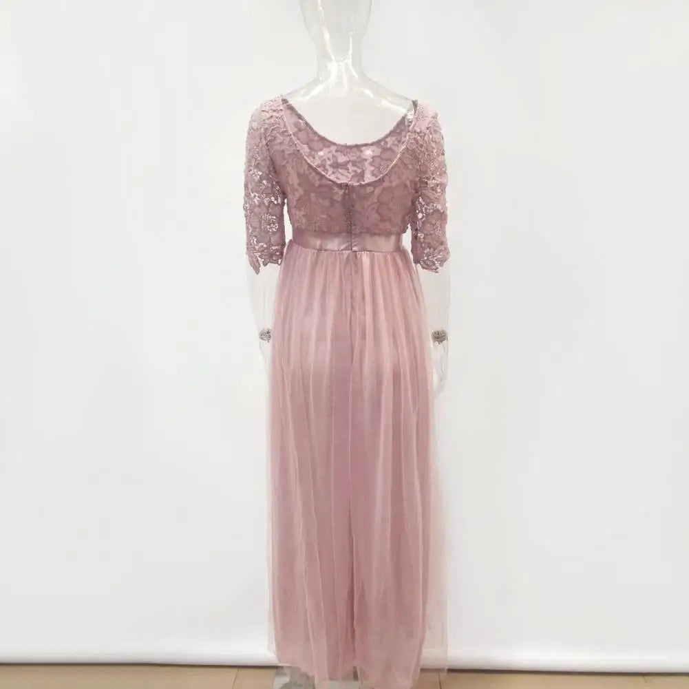 Lace Flower Embroidery Pleated Floor Length Women Chiffon Long Dress
