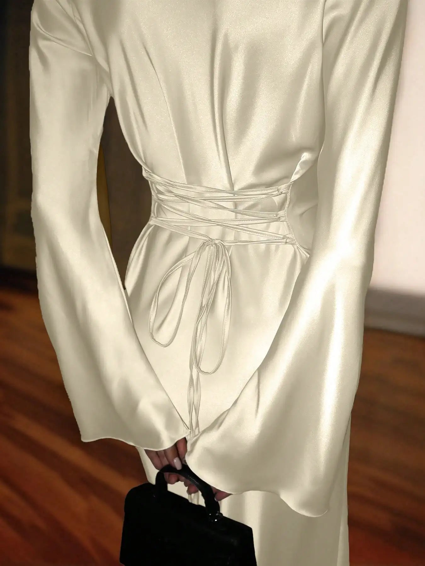 Satin Maxi Dress with Corset Waist Tie Classic Round Neck & Dramatic Flared Sleeves Luxury Evening Dress