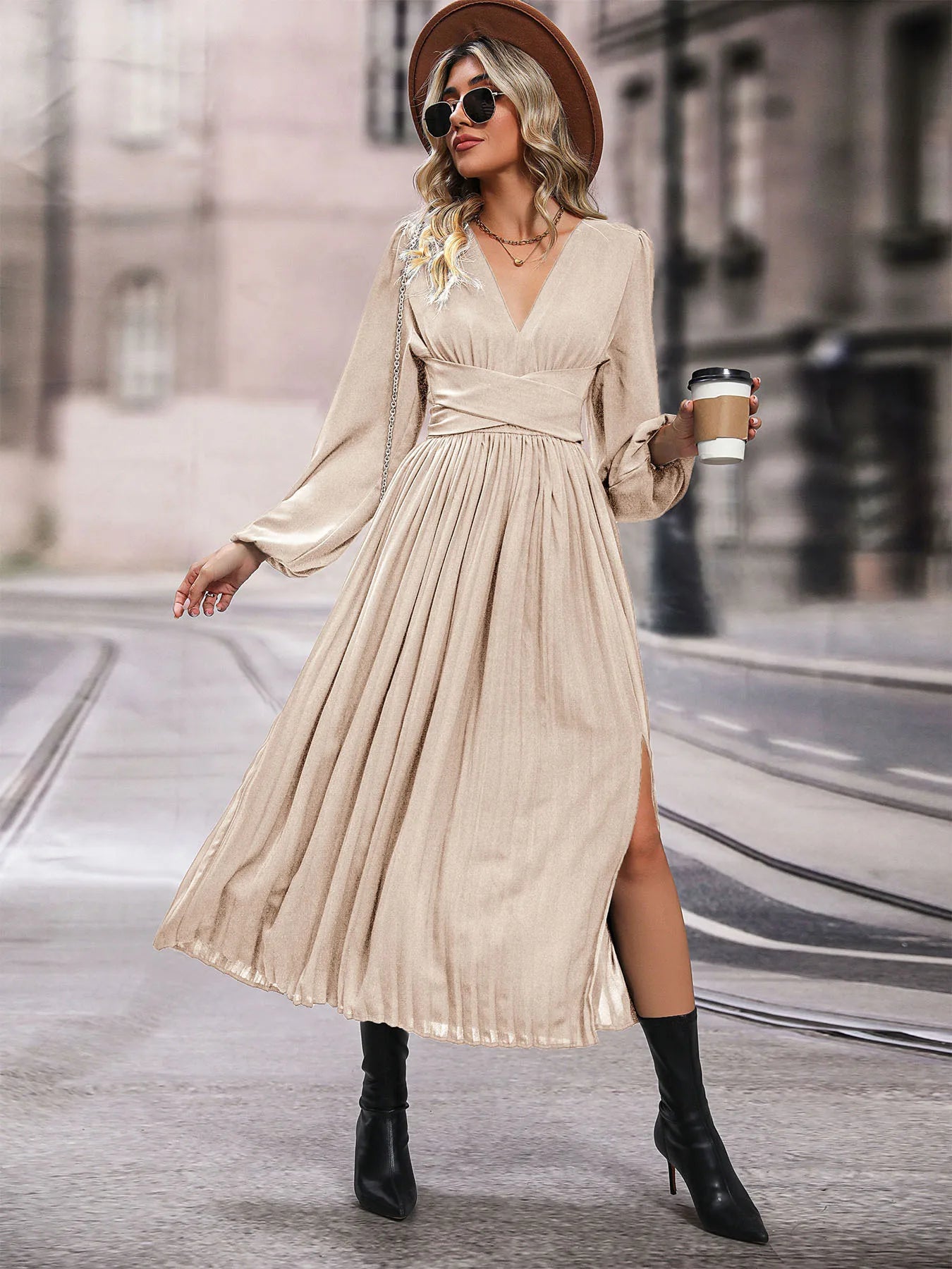 Solid Color V Neck Long Sleeve Midi Dress with Side Slit Waist Wrap