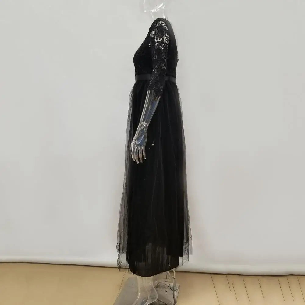 Lace Flower Embroidery Pleated Floor Length Women Chiffon Long Dress