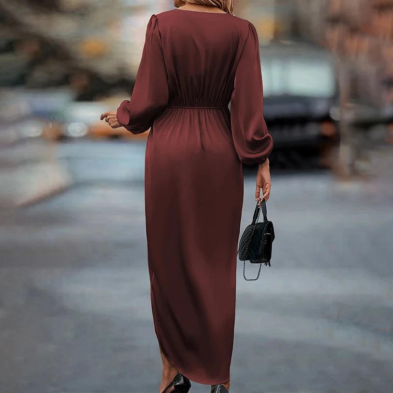 Satin Dress Solid Draped Dress Silk V-Neck Satin Long Sleeve