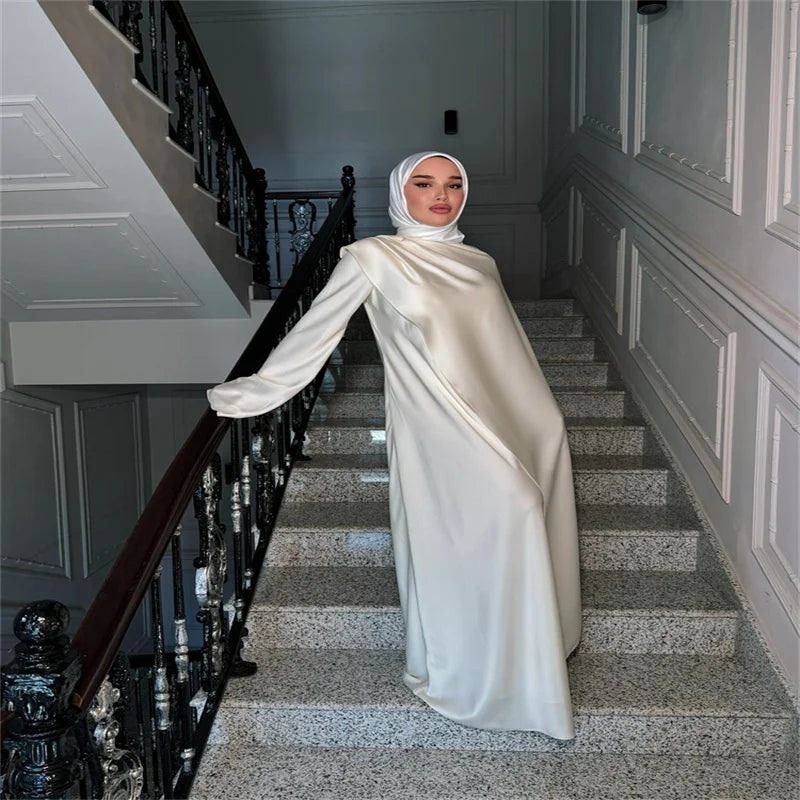 Elegant Satin Abaya Hijab Set Maxi Dress Belted Long Sleeve Formal Evening Gown