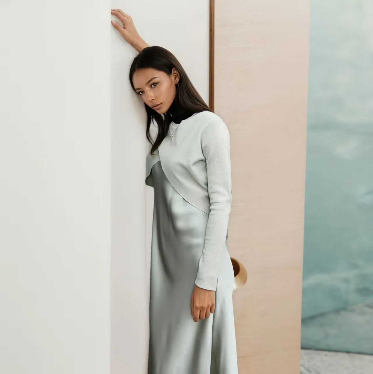 Soft Silk Satin Vest Dress Knitted Top Match Set Maxi Length Woman Chic Dress Set