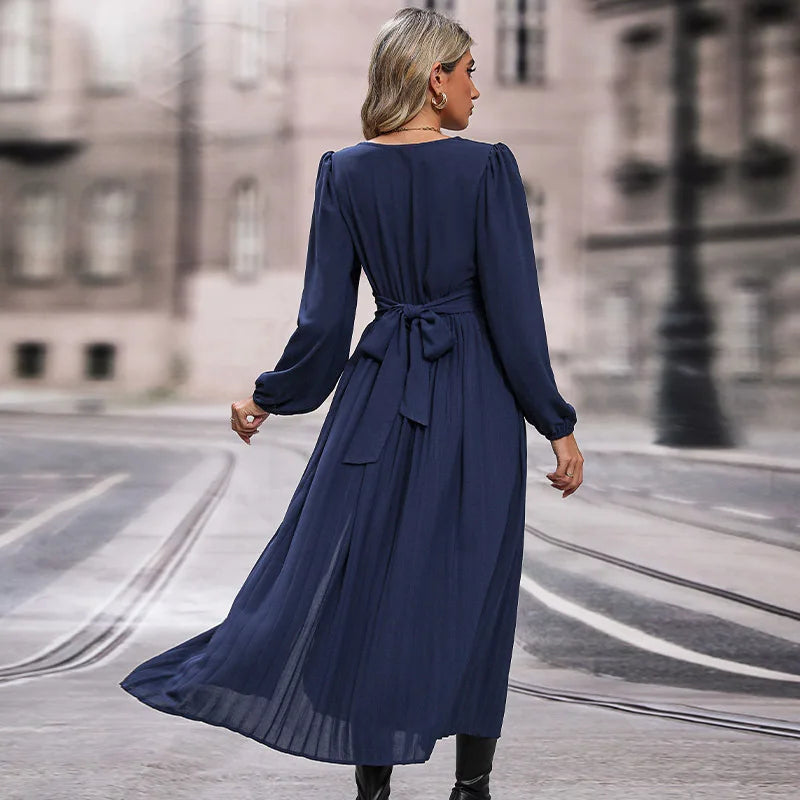 Solid Color V Neck Long Sleeve Midi Dress with Side Slit Waist Wrap