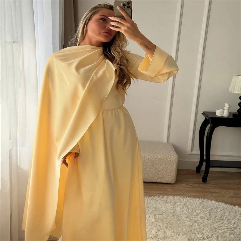 Elegant Satin Abaya Hijab Set Maxi Dress Belted Long Sleeve Formal Evening Gown
