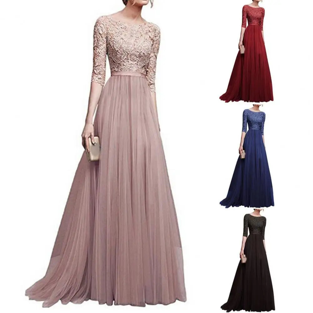 Lace Flower Embroidery Pleated Floor Length Women Chiffon Long Dress