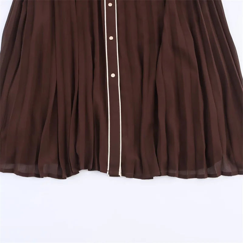 Russet Long Sleeves with Belt Pleated Embellished Midi Dress
