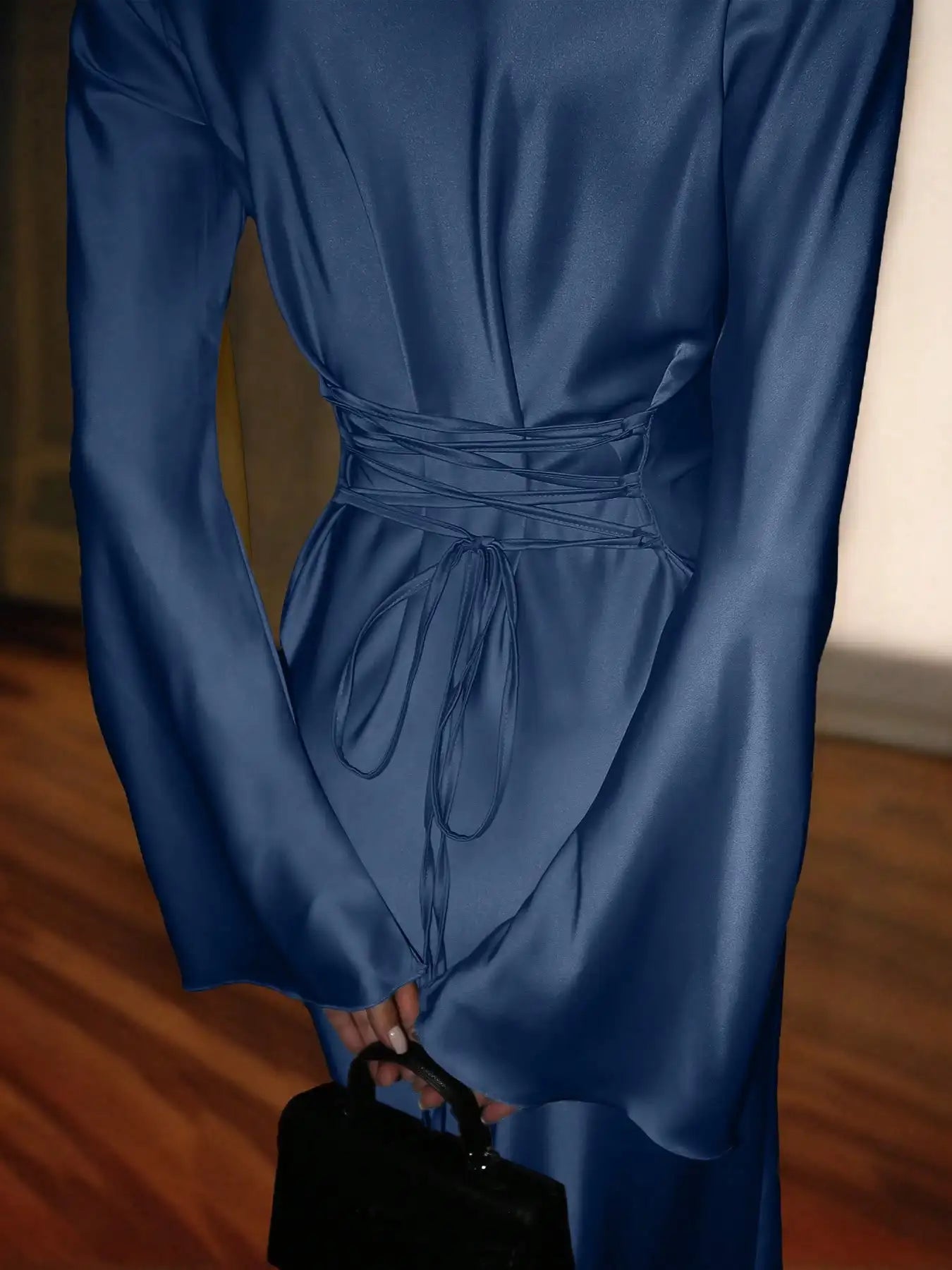 Satin Maxi Dress with Corset Waist Tie Classic Round Neck & Dramatic Flared Sleeves Luxury Evening Dress