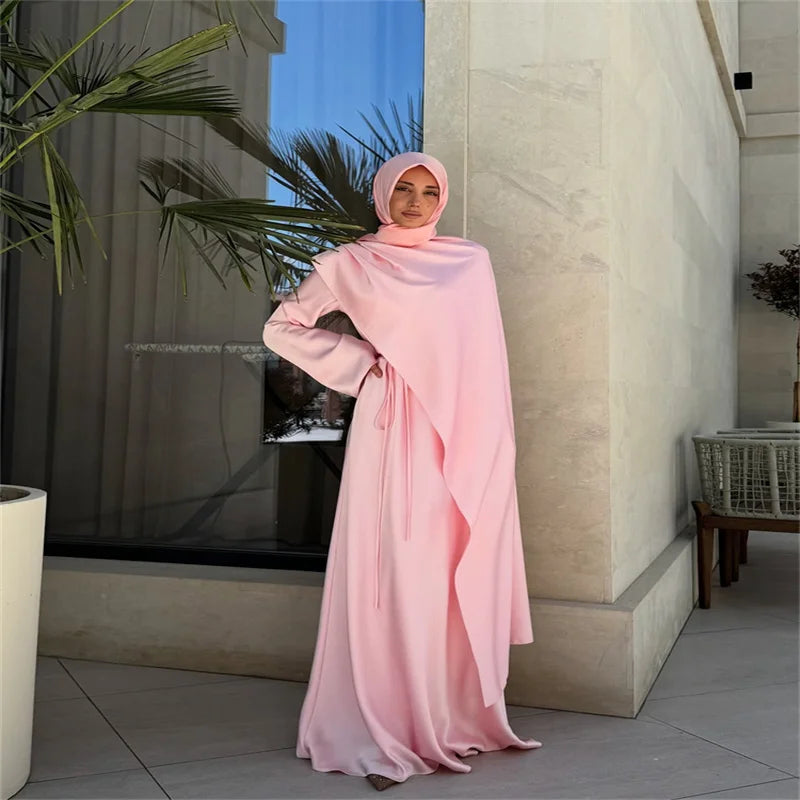 Elegant Satin Abaya Hijab Set Maxi Dress Belted Long Sleeve Formal Evening Gown