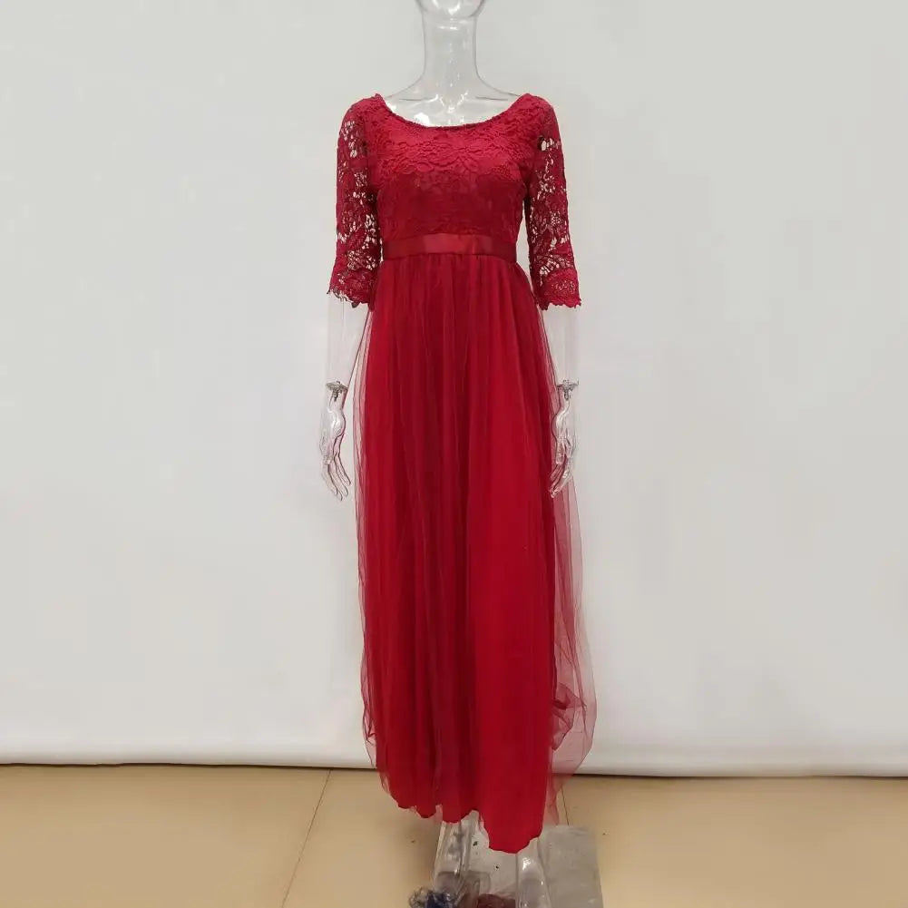 Lace Flower Embroidery Pleated Floor Length Women Chiffon Long Dress