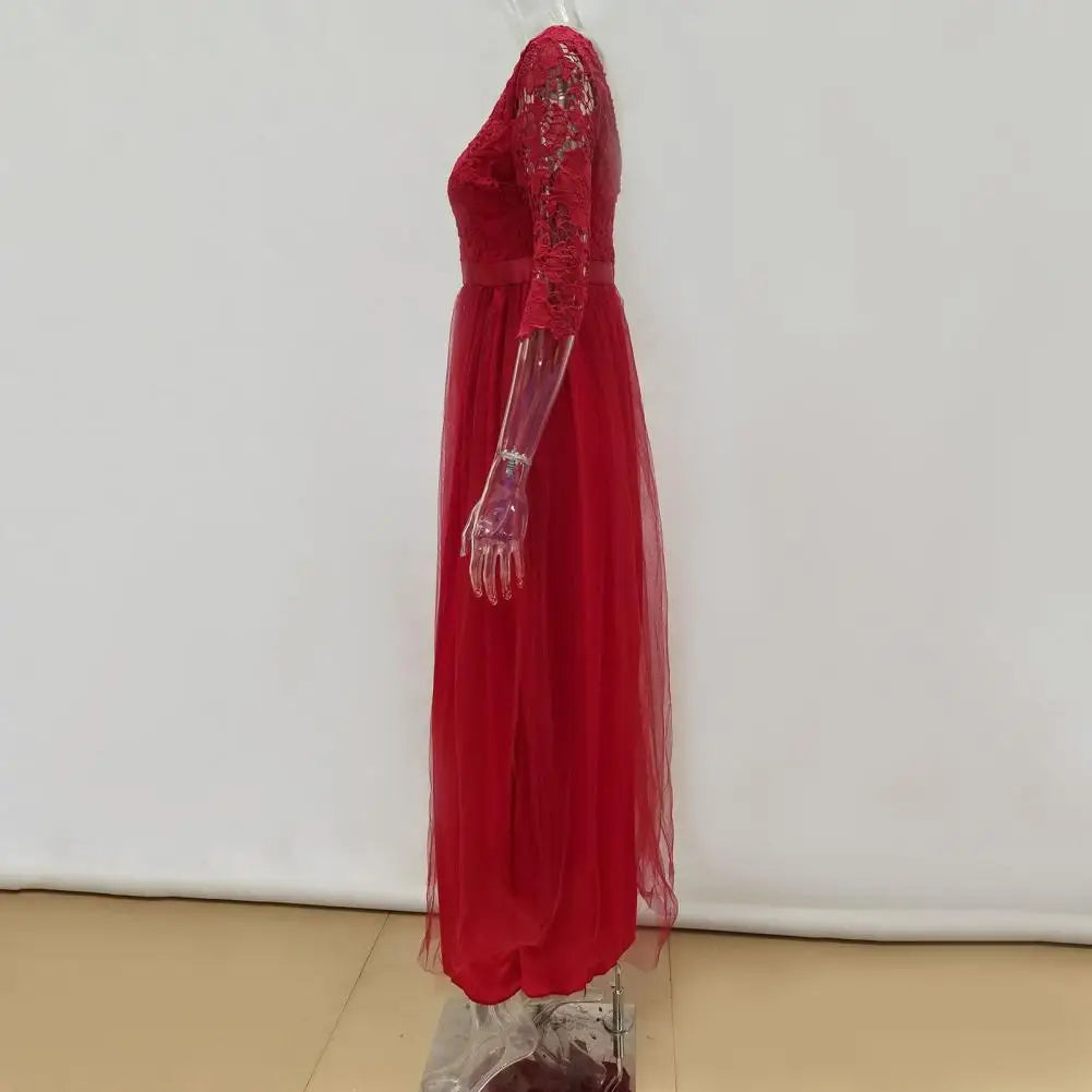 Lace Flower Embroidery Pleated Floor Length Women Chiffon Long Dress