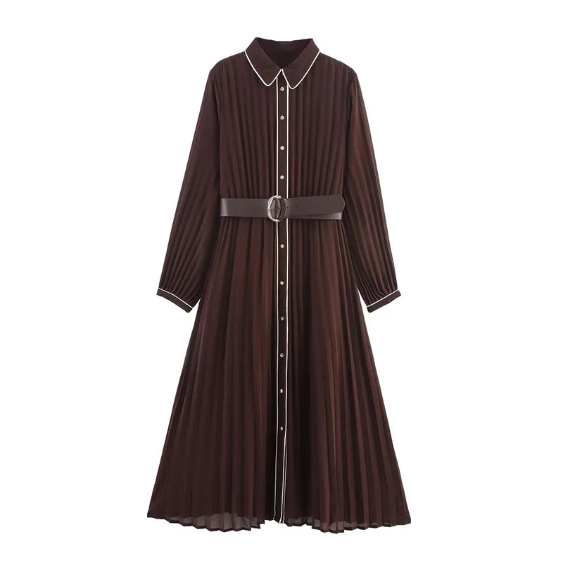 Russet Long Sleeves with Belt Pleated Embellished Midi Dress