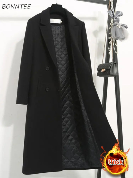 Women Blends Wool Black X-Long Minimalist Notched Double Breasted Coat