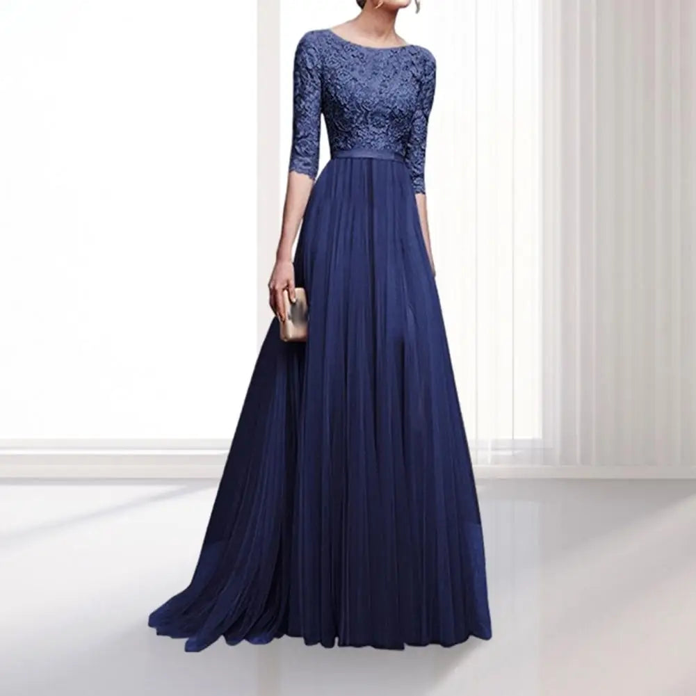 Lace Flower Embroidery Pleated Floor Length Women Chiffon Long Dress