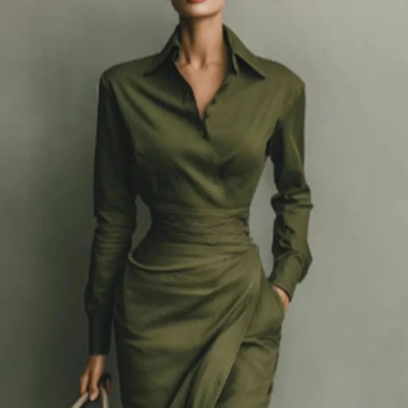 Woman Spring Polo Collar Button High Waist Slim Bodycon Dress