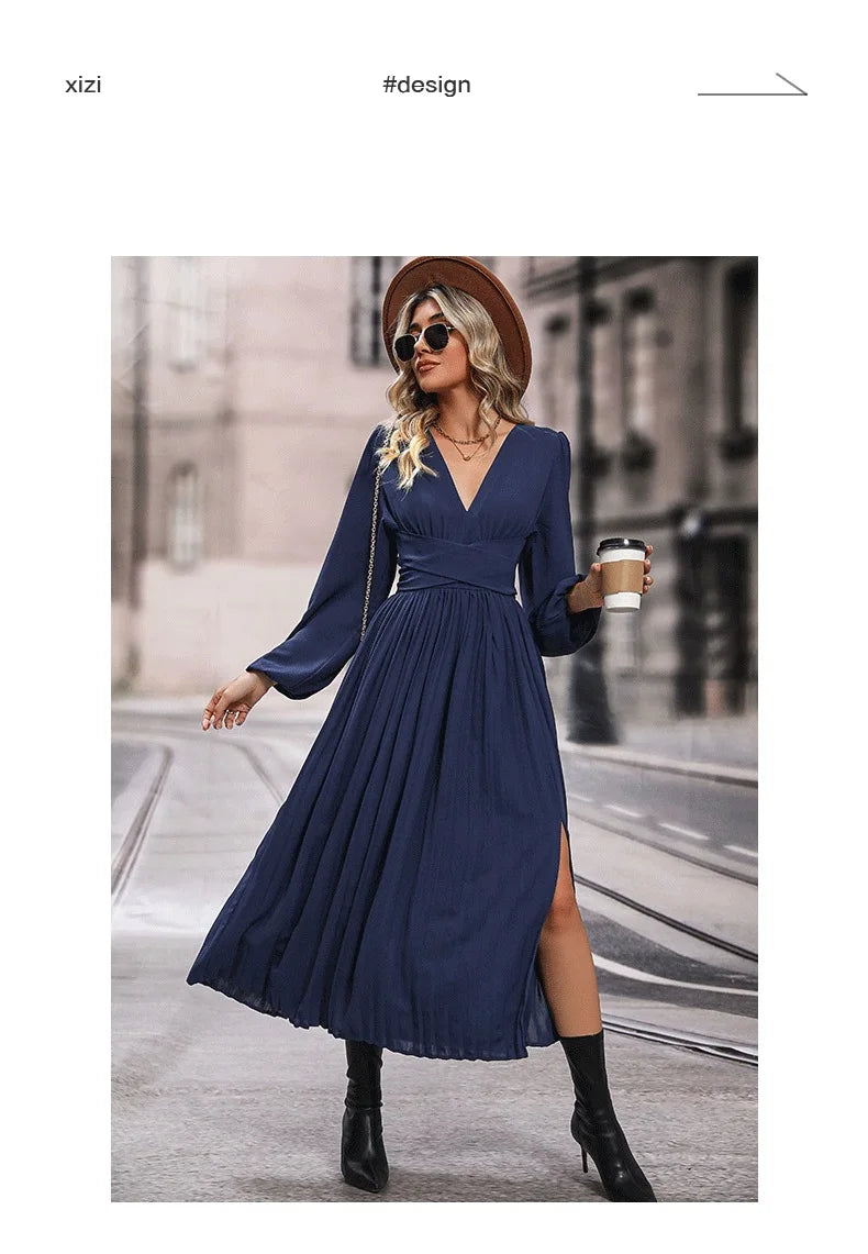 Solid Color V Neck Long Sleeve Midi Dress with Side Slit Waist Wrap