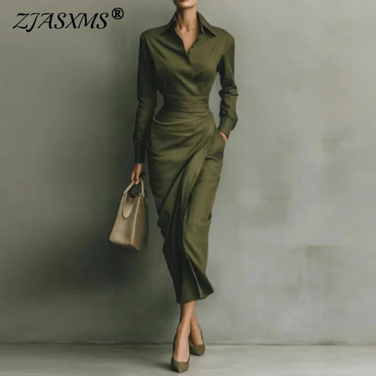 Woman Spring Polo Collar Button High Waist Slim Bodycon Dress