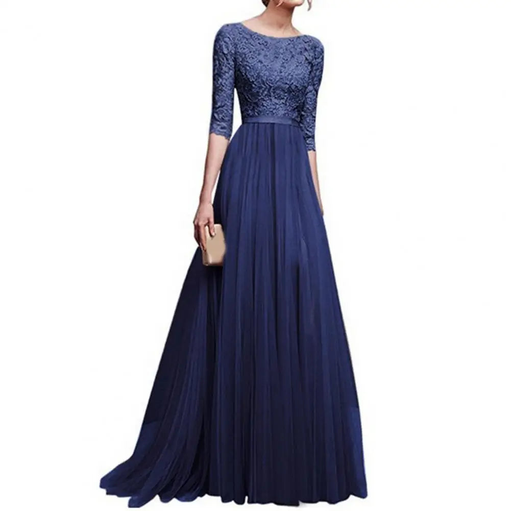 Lace Flower Embroidery Pleated Floor Length Women Chiffon Long Dress