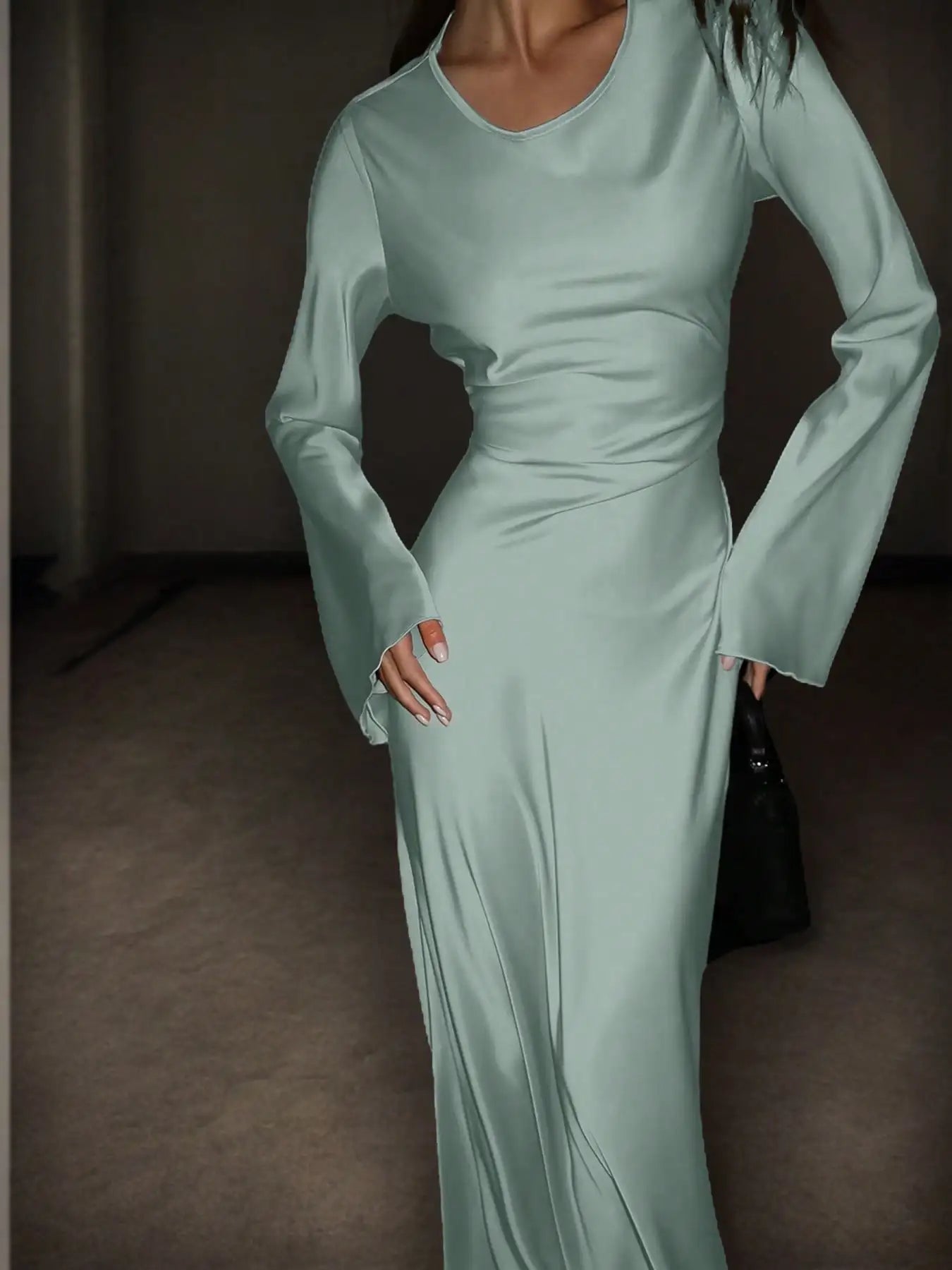 Satin Maxi Dress with Corset Waist Tie Classic Round Neck & Dramatic Flared Sleeves Luxury Evening Dress