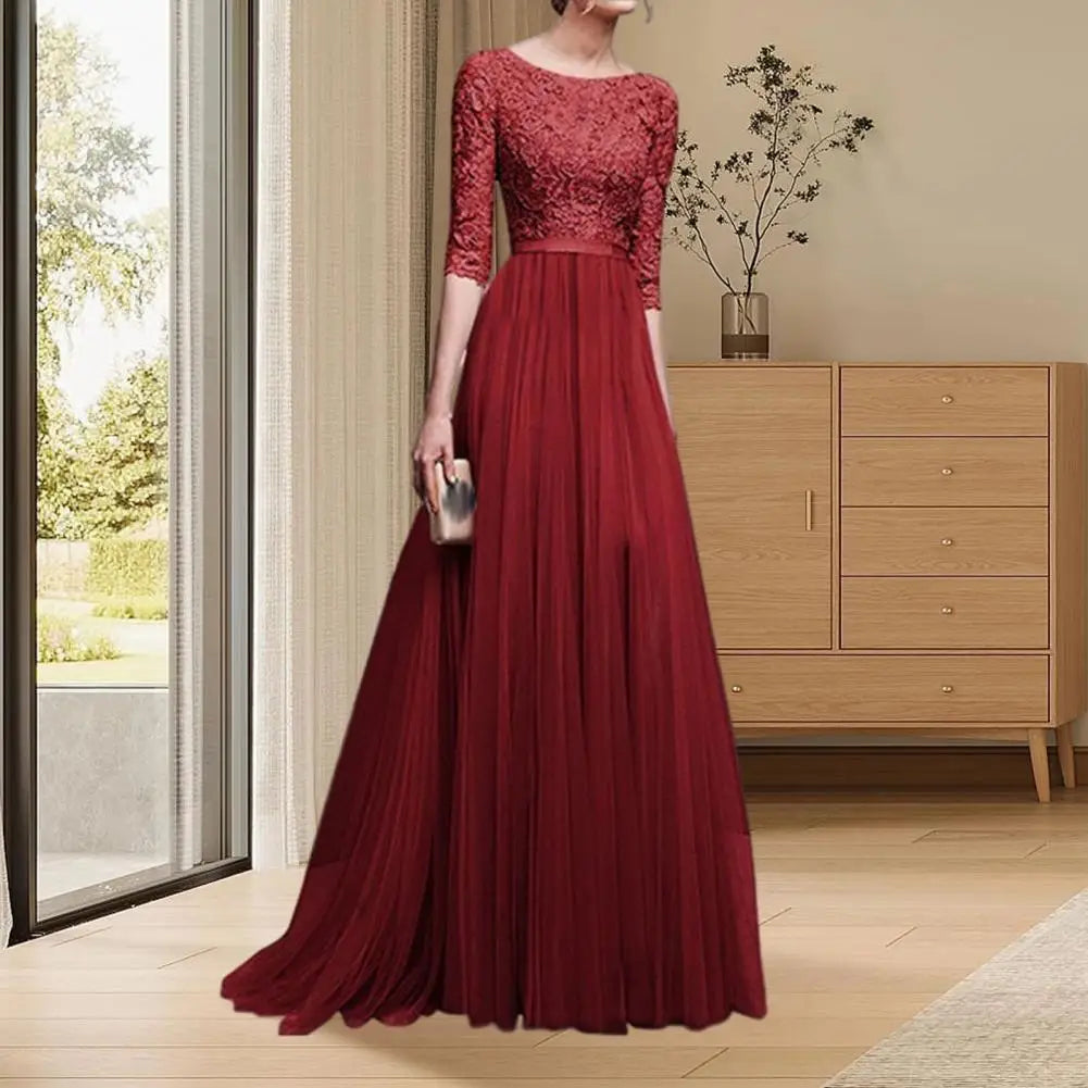 Lace Flower Embroidery Pleated Floor Length Women Chiffon Long Dress